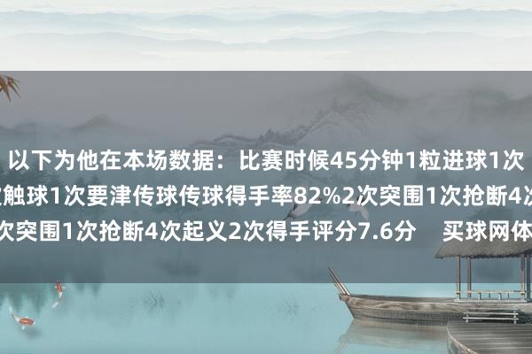 以下为他在本场数据：比赛时候45分钟1粒进球1次射门1次过东谈主23次触球1次要津传球传球得手率82%2次突围1次抢断4次起义2次得手评分7.6分    买球网体育信息